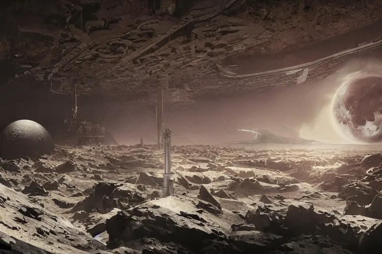 Image similar to cinematic image of a large lunar base inside a crater, brutalist architecture, 1950s sci-fi, art by greg rutkowski and ruan jia and Daytoner