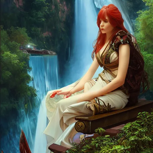 Prompt: fantasy maiden sitting on top of a piano combined with waterfall, nature, realistic, cinematic lighting, highly detailed, digital painting, Artstation popular, illustration, art by Artgerm and Greg Rutkowski and Alphonse Mucha