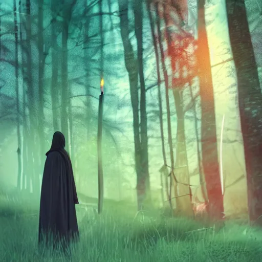 Image similar to a girl glowing with neon colors in the foreground holding a white candle in the distance, and a man in a black cloak walking in the woods behind, at sunset, octane render, realistic lighting, full frame,