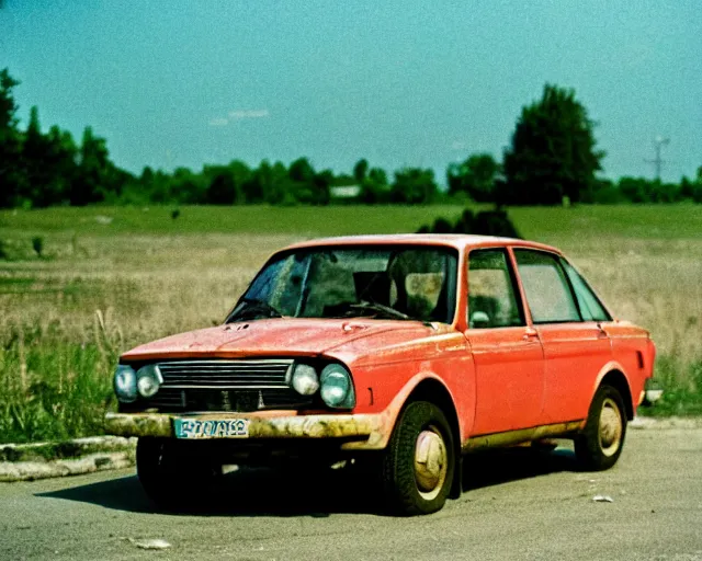 Prompt: a lomographic photo of old lada 2 1 0 7 standing in typical soviet yard in small town, hrushevka on background, cinestill, bokeh