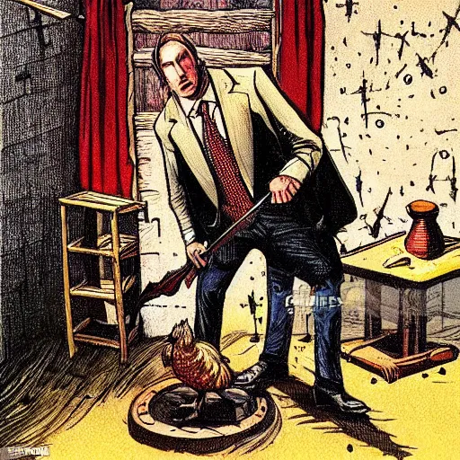 Image similar to saul goodman and a rooster in a medieval torture chamber, saw blades and knives in the background, horror movie, saul goodman, rooster, real life photo, detailed face