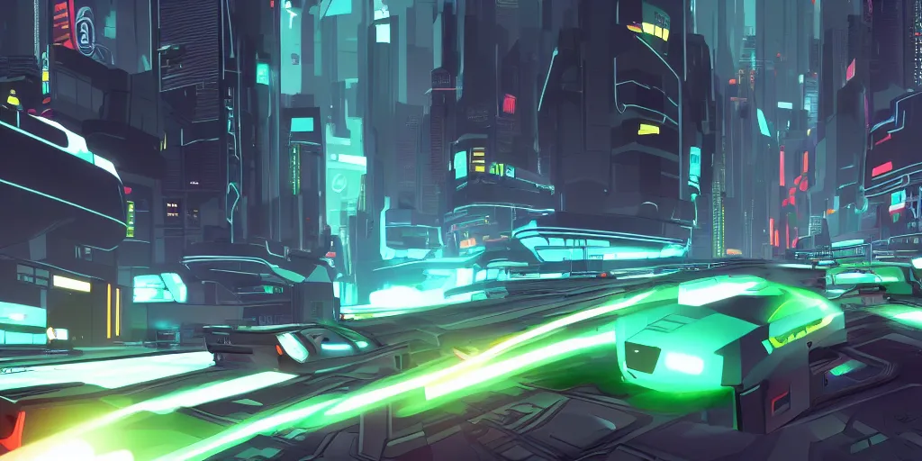 Prompt: futuristic street view styled like tron uprising animated series