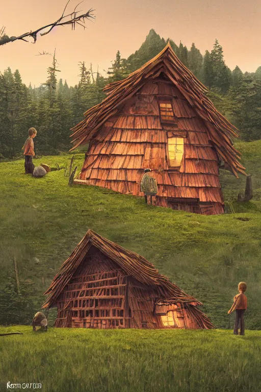 Image similar to an awesome twilight day concept art of old hut standing at giant hen's legs, by kengo kuma and wes anderson with village, mixed development, cgsociety, fantastic realism, artstation hq