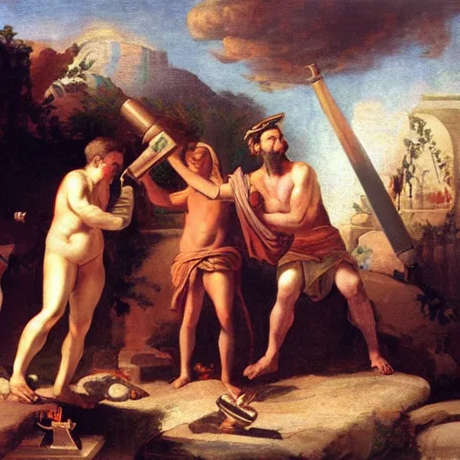 Prompt: oil painting of Ancient Romans discovering Jupiter with a telescope