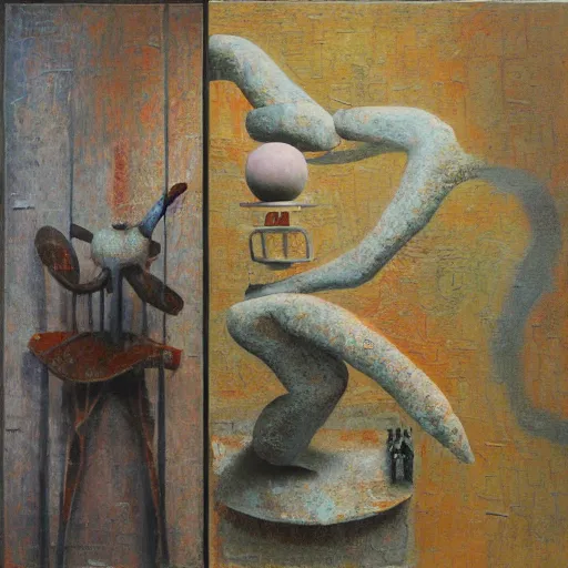 Image similar to a detailed, impasto painting by shaun tan and louise bourgeois of an abstract forgotten sculpture by ivan seal and the caretaker, weirdcore