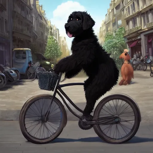 Image similar to a wholesome animation key shot of a black bernedoodle puppy riding a bike in paris, studio ghibli, pixar and disney painting, sharp, rendered in unreal engine 5, key art by greg rutkowski, bloom, dramatic lighting