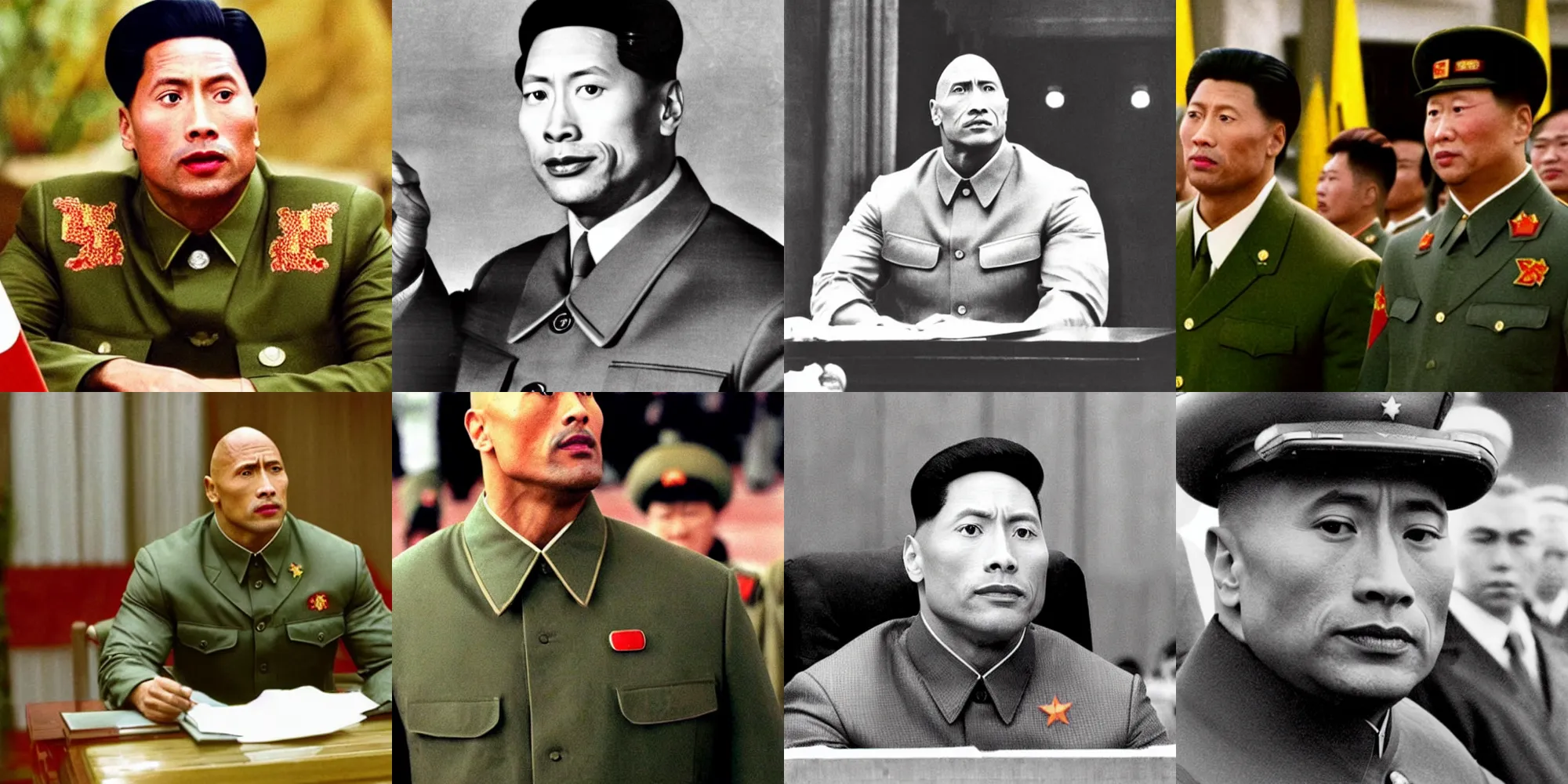 Prompt: Dwayne Johnson as Mao Zedong, leader of China. He is dressed like a military dictator, and is in a conference with Soviet Leaders in Siberia.