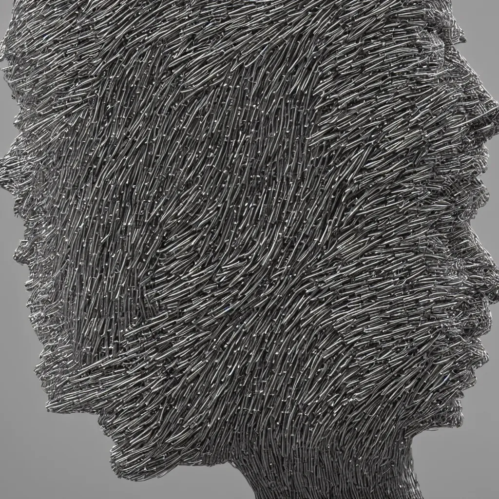 Image similar to sculpture of a head made from stainless steel staples, high concept, photorealistic, high resolution, dramatic lighting, modern art, 3 5 mm