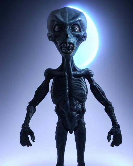 Image similar to full body dark and intimidating portrait of an angry grey alien with sharp glowing black eyes, standing upright with blue wispy light highlighting from behind its figure on a black background, scary, dark and high resolution, 3 d, rim lighting, octane render, 8 k, ultra detailed, photorealistic,