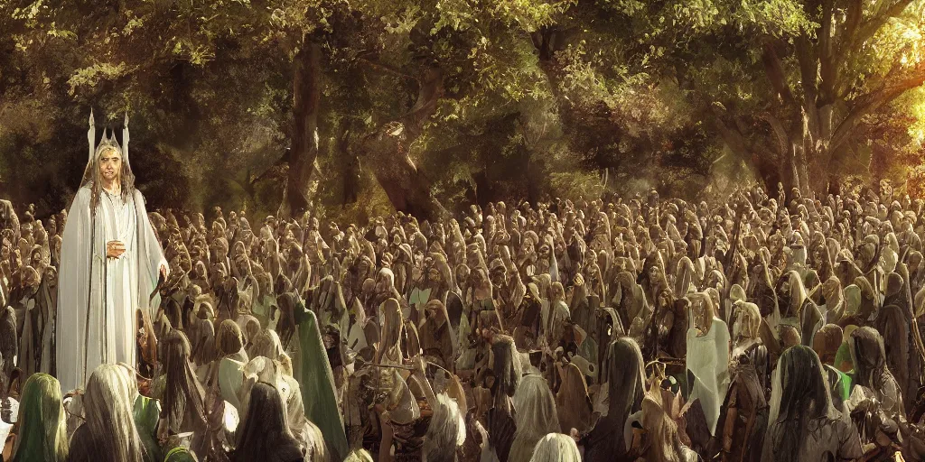 Prompt: Aragorn being crowned king under the white tree of Minas Tirith with a crowd of elves, lord of the rings, godrays, detailed painting, bloom, artstation