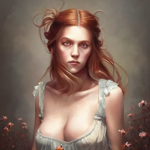 Prompt: a beautiful painting of a smiling young mother with auburn side braid and pretty hazel eyes representative of the art style of artgerm and wlop and peter mohrbacher, portrait, weary expression