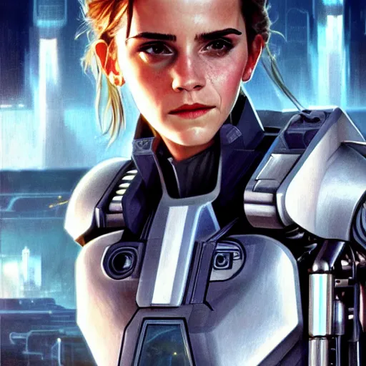 Image similar to Emma Watson as a mech cyber soldier in the Terminator, digital painting, artstation, concept art, sharp focus, illustration, art by greg rutkowski and alphonse mucha, highly detailed