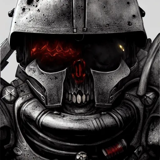 Image similar to space marine, knight, skull helmet, terminator, terrifying, grimdark, horror, war, photorealistic, front view, symmetrical, artstation, dark souls style