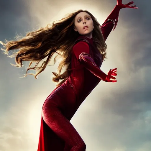 Image similar to elizabeth olsen as the scarlet witch, floating in the air as she emanates magic from her palms, full - body portrait, 3 5 mm!!!!! photography, disdain facial expression, messy!!!!! hair, trending on artstation, photorealistic!!!!!, 4 k, 8 k