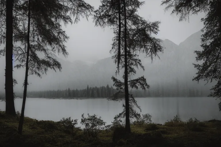 Image similar to a lake with mountains and a foggy forest in the background 50mm, hyperrealistic, moody, dark, ultra detailed, highly detailed, cinematic, dynamic lighting