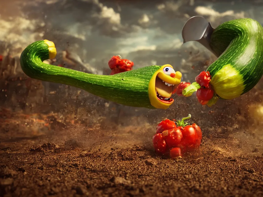 Image similar to detailed 3 d render of a raging zucchini character with peeler tool running on dirt road, scared tomates scattered everywhere, high speed action, explosions, dramatic scene, hyper realistic octane render, cinematic lighting, splatter, deviantart, black sky, lowbrow, frame from pixar movie