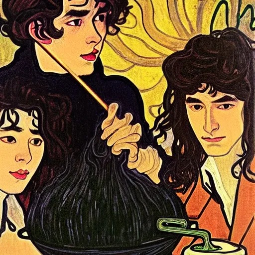 Image similar to painting of young cute handsome beautiful dark medium wavy hair man in his 2 0 s named shadow taehyung and cute handsome beautiful min - jun together at the halloween witchcraft party with bubbling cauldron, melancholy, autumn colors, elegant, ritual, painting, stylized, soft facial features, delicate facial features, art by alphonse mucha, vincent van gogh, egon schiele