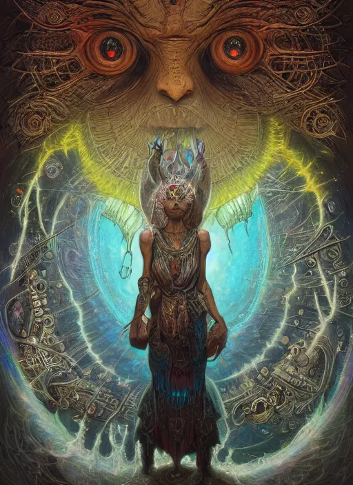 Image similar to dan deacon glowing eyes, shamanic poster lsd art, intricate, elegant, highly detailed, centered, digital painting, artstation, concept art, smooth, sharp focus, illustration, artgerm, tomasz alen kopera, peter mohrbacher, donato giancola, joseph christian leyendecker, wlop, frank frazetta