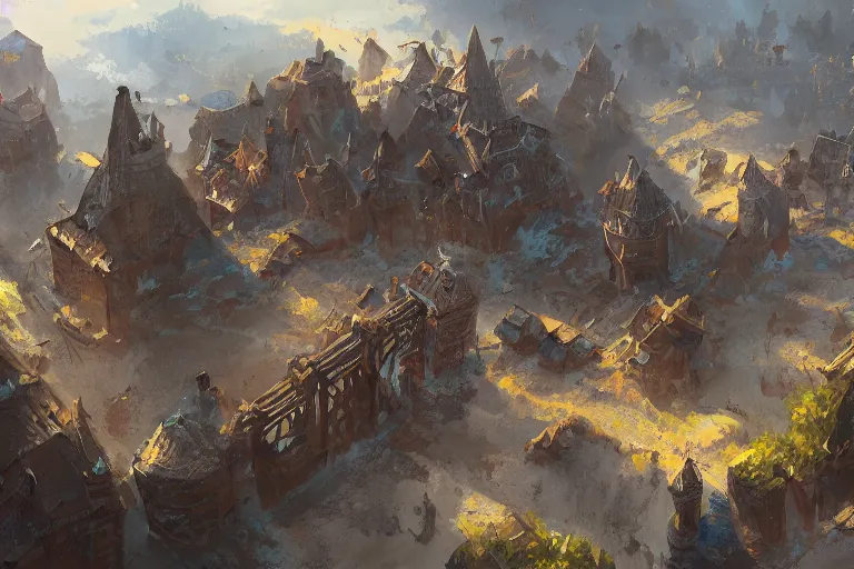 Image similar to A rough medieval settlement, iron ,iron, iron, fantasy, D&D, concept art, sharp focus, trending on artstation, digital painting, midday, sunny, beautiful