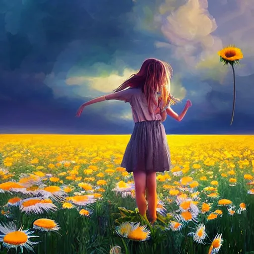 Image similar to head made of giant daisies, girl standing barefoot in a flower field, arms out stretched, surreal photography, sunrise dramatic light, impressionist painting, colorful clouds, large sky, digital painting, artstation, simon stalenhag, flower face