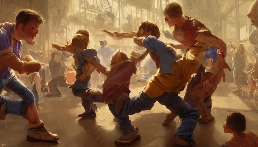 Prompt: two kids fighting in a crowded classroom, digital painting, artstation, concept art, donato giancola, Joseph Christian Leyendecker, WLOP, Boris Vallejo, Breathtaking, 8k resolution, extremely detailed, beautiful, establishing shot, artistic, hyperrealistic, octane render, cinematic lighting, dramatic lighting, masterpiece, light brazen, extremely detailed and beautiful face