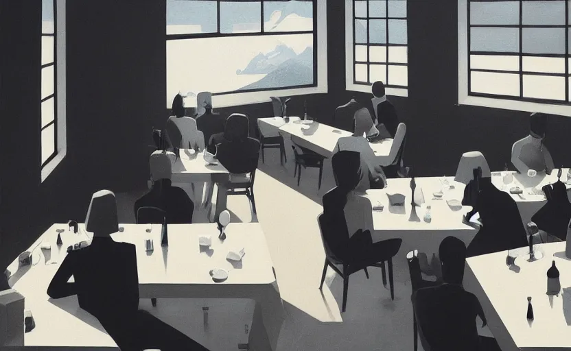 Image similar to a mysterious surreal dinner scene illustration by atey ghailan and escher and edward hopper, surreal