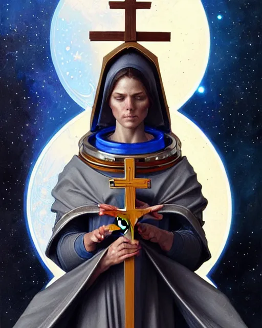 Prompt: Holy medieval astronaut portrait holding a cross, art nouveau, fantasy, intricate galactic designs, elegant, highly detailed, sharp focus, art by Artgerm and Greg Rutkowski and WLOP