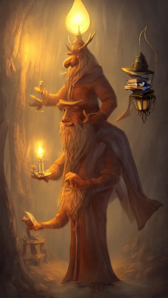 Prompt: character design full body shot of a moose wizard with a long white beard in a magic cloak and magic hat, in the background an old attic full of magic scrolls and old books, matte painting, fantasy illustration, warm lantern light, dusty atmosphere