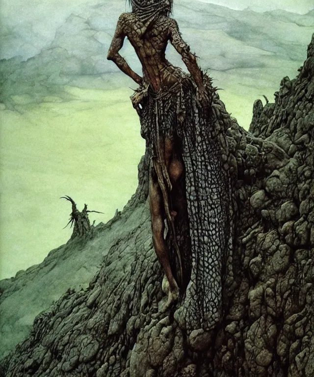 Image similar to A detailed horned crocodilewoman stands among the hills. Wearing a ripped mantle, robe. Perfect faces, extremely high details, realistic, fantasy art, solo, masterpiece, art by Zdzisław Beksiński, Arthur Rackham, Dariusz Zawadzki