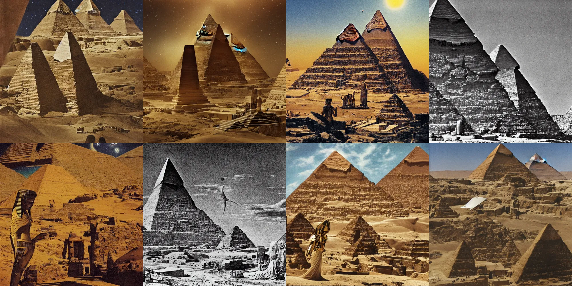 Prompt: the god-king ra landing his pyramid shaped spaceship in an Egyptian oasis.