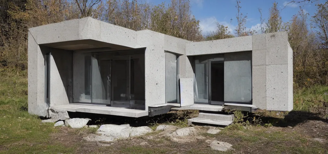 Image similar to brutalist tiny home made of stone