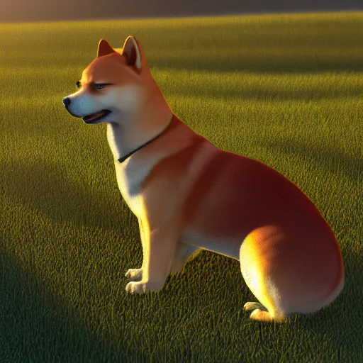 Image similar to The profile of a Shiba Inu sitting in the field, shining golden in the setting sun, illustration, trending on artstation, highly detailed