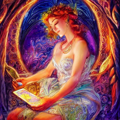 Image similar to a goddess checking her phone by senior concept artist josephine wall, high resolution trending on art station