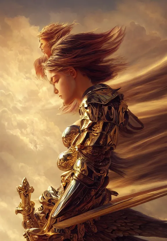 Image similar to A beautiful fierce angel with wings, wearing metal battle armor and a flaming sword, among heavenly sunlit clouds, close-up, intricate, elegant, digital painting, golden hour photo, cinematic, trending on artstation, concept art, smooth, sharp focus, illustration, art by artgerm and Greg Rutkowski and Alphonse Mucha