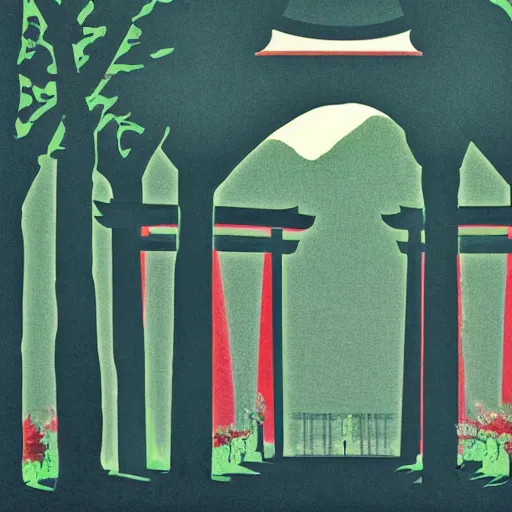 Prompt: a japanese landscape filled with torii arches, dawn, by david aja