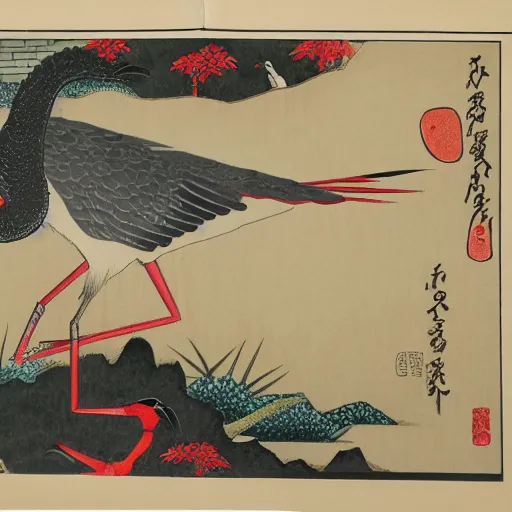 Image similar to 鶴 crane, in the style of hokusai, ukiyo-e