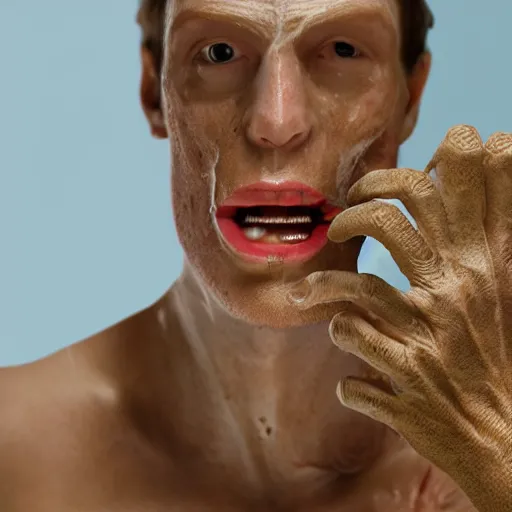 Image similar to portrait photograph of lizard man removing human skin mask, realistic cinematic lighting, ultra detailed, hyper realism