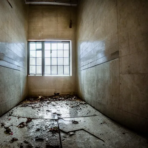 Prompt: abandoned filthy bathroom maze in a massive room, bright halogen lights, wide angle lens photography