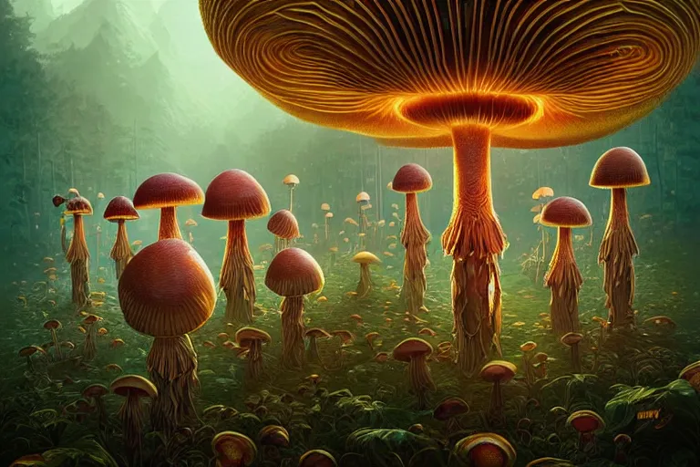 Prompt: a group of anthropomorphic mushroom circus performers portrait, Art Deco nature, fantasy, intricate art deco mushroom designs, elegant, highly detailed fractals, sharp focus, art by Artgerm and beeple and Greg Rutkowski and WLOP