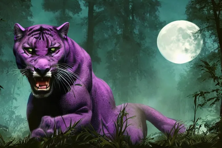 Image similar to a purple colored panther roaring in a forest during the night, large moon in the center. high quality. illustration. 4 k. cinematic. photoreal. highly detailed. artstation. dramatic. darkness. moon.