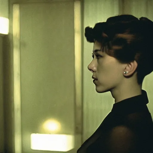 Prompt: intimate movie still of scarlett johansson in wong kar wai in the mood for love