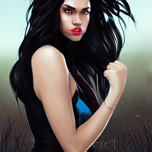 Image similar to a stunning upper body portrait of a beautiful woman with raven hair blowing in the wind by marvel comics, digital art, trending on artstation