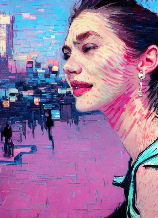 Image similar to portrait of a beautiful girl, city backdrop, smiling, ecstatic, eyes closed, open mouth, shades of pink and blue, beautiful face, rule of thirds, intricate outfit, spotlight, by greg rutkowski, by jeremy mann, by francoise nielly, by van gogh, digital painting