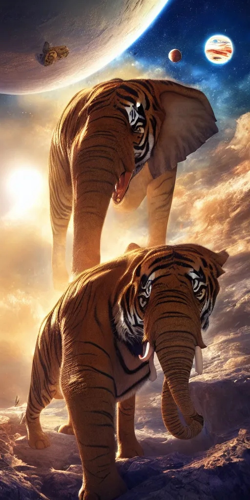 Image similar to planet - sized tiger elephant in space, next to the sun and stars, very wide shot, epic composition, hyper detailed, digital art, trending in artstation, cinematic lighting, studio quality, unreal engine 5 rendered, art style by klimt and nixeu and ian sprigger and wlop and krenz cushart