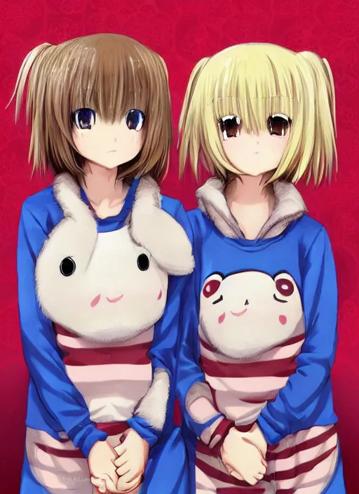 Image similar to highly detailed portrait of one blonde haired blue eyed and one brown haired brown eyed anime girl in animal themed onesies holding hands looking at us, happy, excited, digital art, cute, anime, detailed faces, well drawn faces, cute faces, hand drawn, 8 k, trending on artstation, detailed eyes, official media, by hayao miyazaki