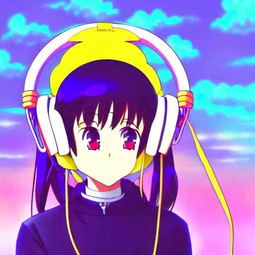 Image similar to An anime character's head wearing retro headphones. 90s anime, Sailor Moon, Neon Genesis, official art, flat cell shading, fantastic screenshot art, trending on artstation