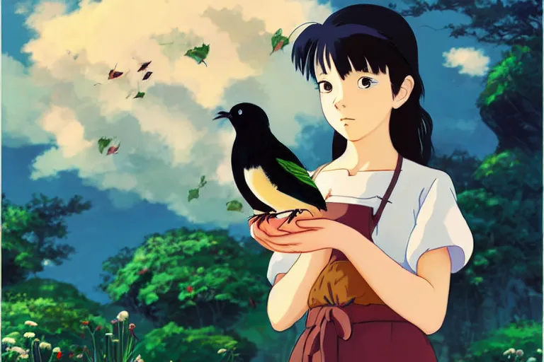 Image similar to young pretty girl holding a bird in her hands, looking touched, Fragile looking character portrait , beautiful scene; highly detailed art, by Studio Ghibli , High contrast, anime art