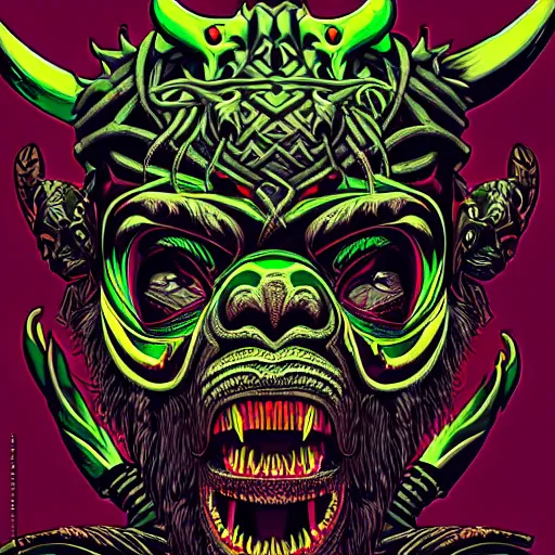 Prompt: barong family member, wiwek, bleeding fangs, crab claws, small horns, viking beard, mara demon, lizard tongue, one single tribe member, jungle, one single mask, dark neon sign lights, 8 0 s, ancient warrior, gorilla, tribals, art by dan mumford and justin gerard