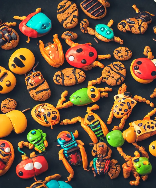 Image similar to high quality presentation photo of colorful anthropomorphic horror alien monster insects eating cookies, photography 4k f1.8 anamorphic bokeh 4k Canon Nikon