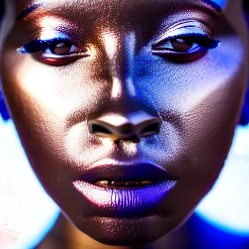 Prompt: portrait of metallic reflecting face, african woman, subtle iridescence, smooth, proud looking away, outdoor, blue sky, nature, 8 k, realistic, depth of field, highly detailed, award winning photography,